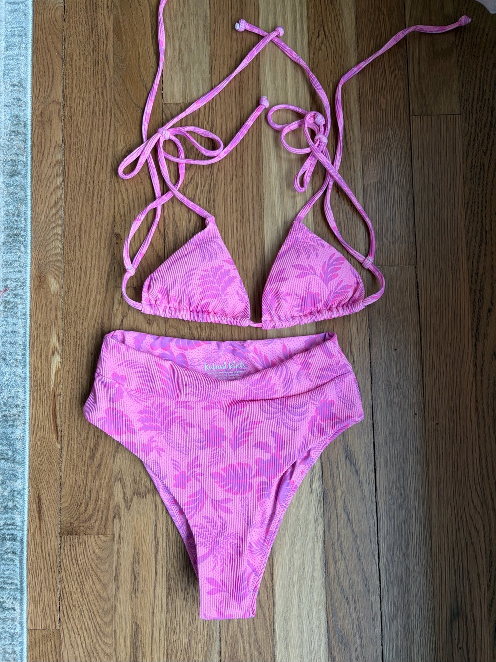 Kulani Kinis Hot Pink Floral Ribbed Triangle Bikini Set